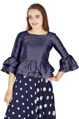 Navy Blue Art Silk Bell Sleeves attire with Poly Cotton Lining Blouse 1