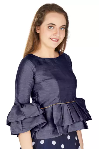 Navy Blue Art Silk Bell Sleeves attire with Poly Cotton Lining Blouse