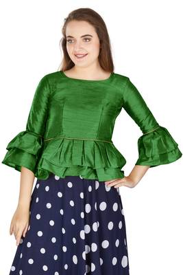 Mehendi Art Silk Bell Sleeves attire with Poly Cotton Lining Blouse 1