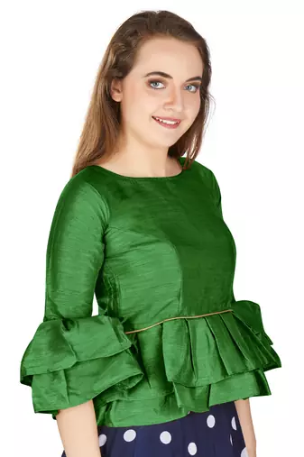 Mehendi Art Silk Bell Sleeves attire with Poly Cotton Lining Blouse