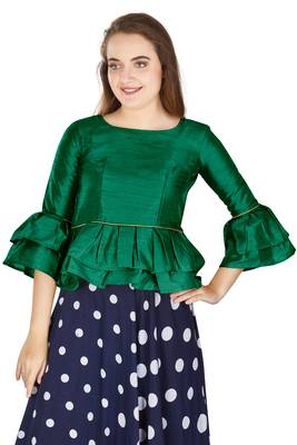 Green Art Silk Bell Sleeves attire with Poly Cotton Lining Blouse 1