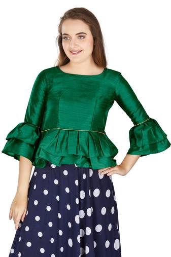 Green Art Silk Bell Sleeves attire with Poly Cotton Lining Blouse