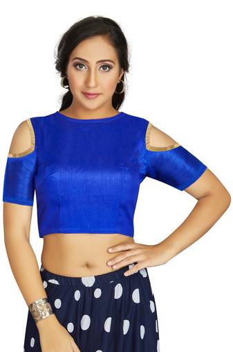 Blue Art Silk Cold Shoulder Sleeve Readymade Blouse