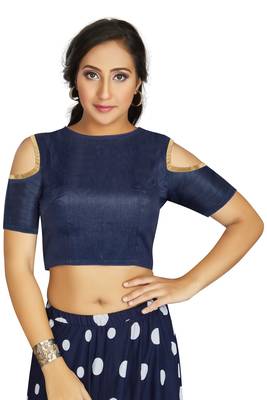 Navy Blue Art Silk Cold Shoulder Sleeve Readymade Blouse 1