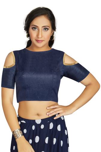 Navy Blue Art Silk Cold Shoulder Sleeve Readymade Blouse
