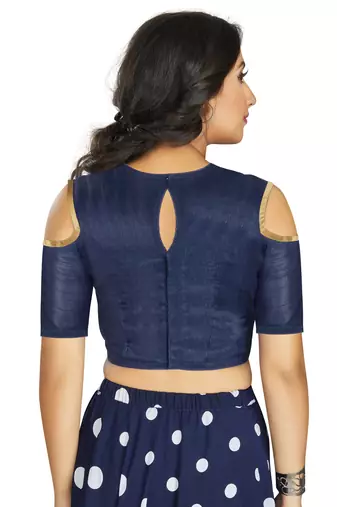 Navy Blue Art Silk Cold Shoulder Sleeve Readymade Blouse