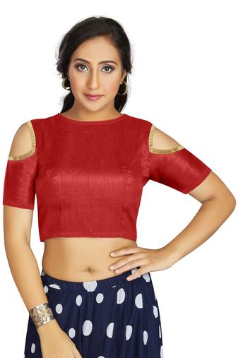 Red Art Silk Cold Shoulder Sleeve Readymade Blouse