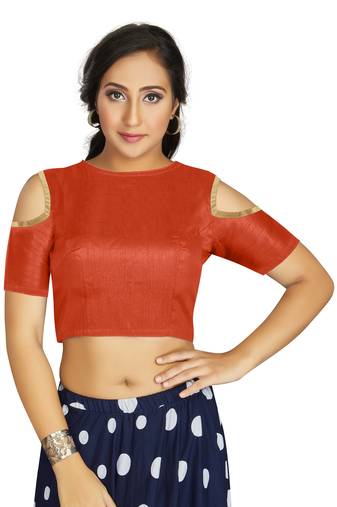 Orange Art Silk Cold Shoulder Sleeve Readymade Blouse