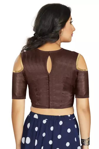 Coffee Art Silk Cold Shoulder Sleeve Readymade Blouse