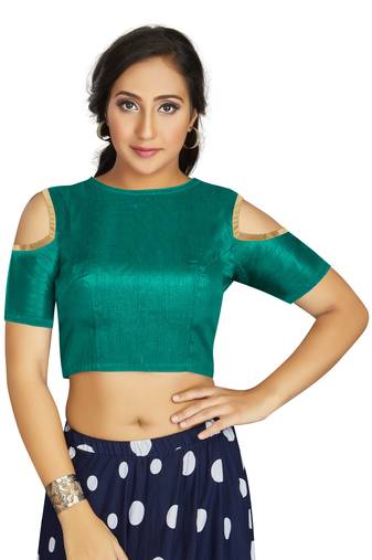 Sea Green Art Silk Cold Shoulder Sleeve Readymade Blouse