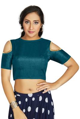 Teal Art Silk Cold Shoulder Sleeve Readymade Blouse 1