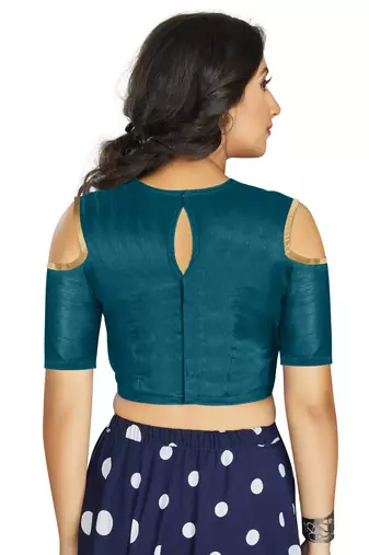 Teal Art Silk Cold Shoulder Sleeve Readymade Blouse