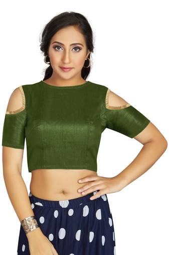 Mehendi Art Silk Cold Shoulder Sleeve Readymade Blouse