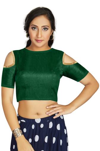 Green Art Silk Cold Shoulder Sleeve Readymade Blouse