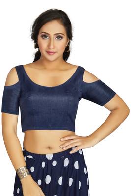 Navy Blue Art Silk Cold Shoulder Sleeve Readymade Blouse 1