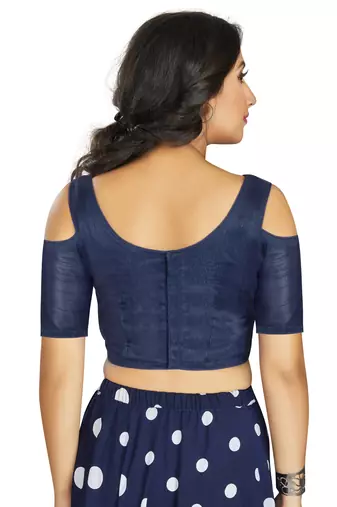 Navy Blue Art Silk Cold Shoulder Sleeve Readymade Blouse