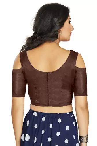 Coffee Art Silk Cold Shoulder Sleeve Readymade Blouse
