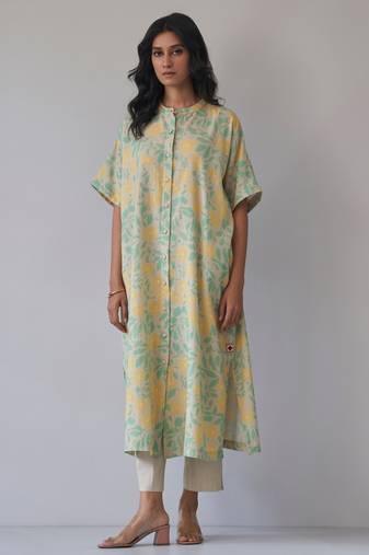 Almond milk and green cotton linen co-ord set