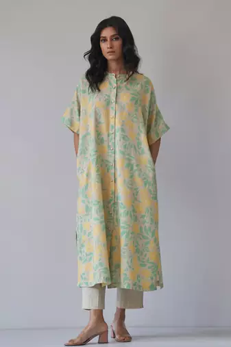 Almond milk and green cotton linen co-ord set