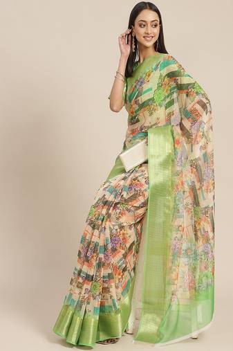Serona fabrics women's organza digital floral printed zari weaving border party wear saree