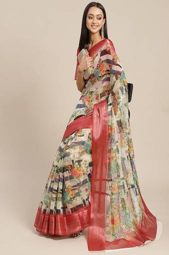 Serona fabrics women's organza digital floral printed zari weaving border party wear saree