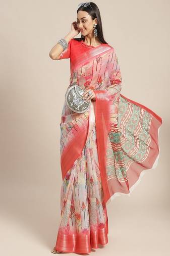Serona fabrics women's organza digital floral printed zari weaving border party wear saree