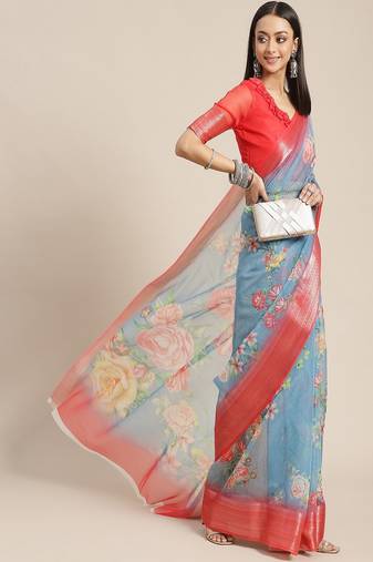 Serona fabrics women's organza digital floral printed zari weaving border party wear saree