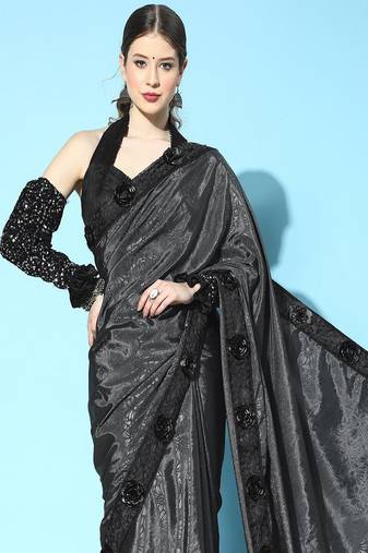 Serona fabrics women's rangoli silk sequins embroidered lace printed party wear saree