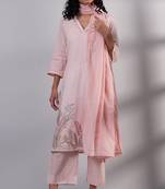 Pink embroidered cotton kurta with viscose chanderi embroidered dupatta