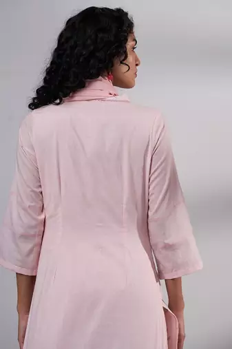 Pink embroidered cotton kurta with viscose chanderi embroidered dupatta