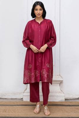Wine gold foil print bemberg silk festive co-ord set 1