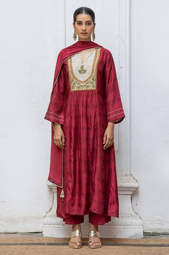 Wine raw silk printed and hand detailed festive salwar suit