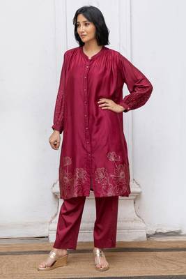 Wine gold foil print bemberg silk festive co-ord set 2