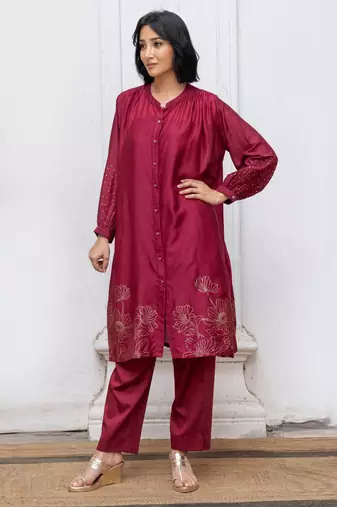 Wine gold foil print bemberg silk festive co-ord set