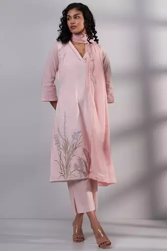 Pink embroidered cotton kurta with viscose chanderi embroidered dupatta