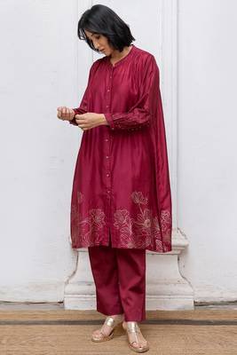 Wine gold foil print bemberg silk festive co-ord set 3