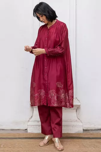 Wine gold foil print bemberg silk festive co-ord set