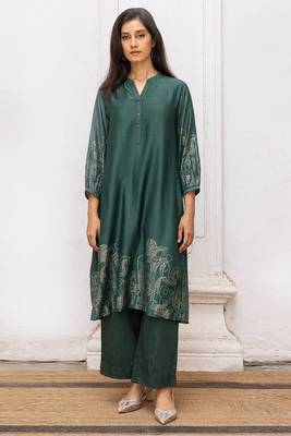 Green gold foil print bemberg silk festive co-ord set 1