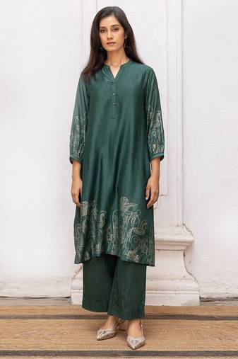 Green gold foil print bemberg silk festive co-ord set