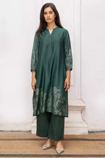 Green gold foil print bemberg silk festive co-ord set