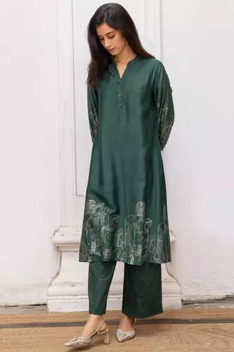 Green gold foil print bemberg silk festive co-ord set