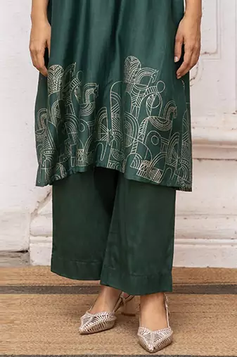Green gold foil print bemberg silk festive co-ord set
