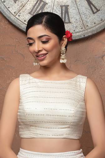 Neckbook White Embillished Thread Sleeveless Readymade Blouse