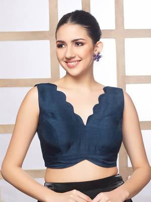 Neckbook Navy Blue Silk  Sweetheart Neck Readymade Blouse 1