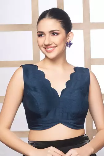 Neckbook Navy Blue Silk  Sweetheart Neck Readymade Blouse