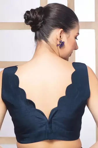 Neckbook Navy Blue Silk  Sweetheart Neck Readymade Blouse