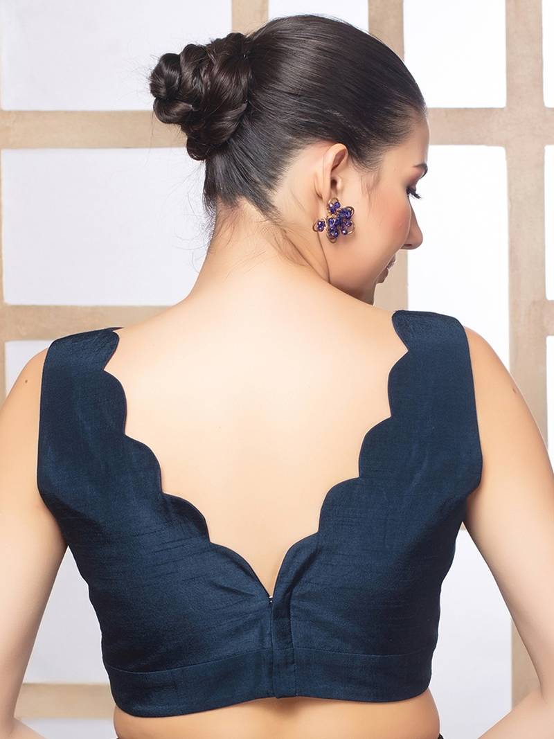 Neckbook Navy Blue Silk  Sweetheart Neck Readymade Blouse