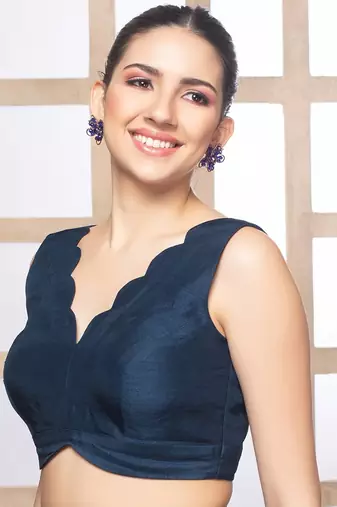 Neckbook Navy Blue Silk  Sweetheart Neck Readymade Blouse