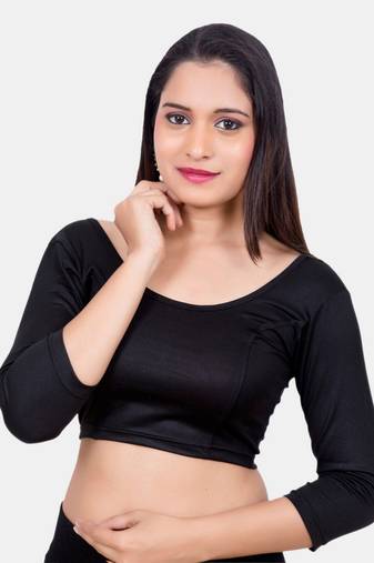 Neckbook Black 3::4 Sleeves  Lycra Princess Cut Round Neck Readymade Blouse