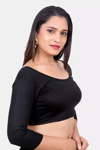 Neckbook Black 3::4 Sleeves  Lycra Princess Cut Round Neck Readymade Blouse